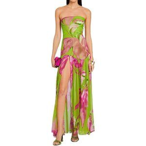 Women Strapless Tube Top Tiger Stripe Green Maxi Dress Sexy High Party Dress
